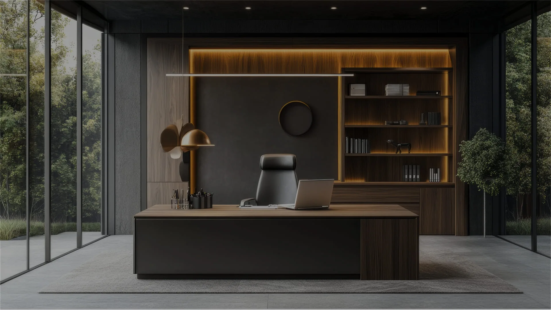Home office con escritorio y biblioteca de madera